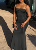 Ndyad Spaghetti Strap Mermaid Long Prom Dresses Satin Black Evening Dresses HZ1024