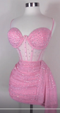 Ndyad Spaghetti Strap Tight Homecoming Dress Pink Birthday Dresses Rhinestone Chiffon Short Prom Dresses HZ1024