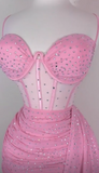 Ndyad Spaghetti Strap Tight Homecoming Dress Pink Birthday Dresses Rhinestone Chiffon Short Prom Dresses HZ1024