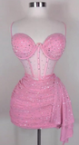 Ndyad Spaghetti Strap Tight Homecoming Dress Pink Birthday Dresses Rhinestone Chiffon Short Prom Dresses HZ1024