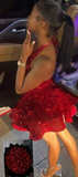 Ndyad Halter A-Line Homecoming Dresses Burgundy Birthday Dresses Sequined Short Prom Dresses HZ1024