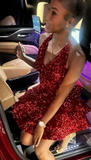 Ndyad Halter A-Line Homecoming Dresses Burgundy Birthday Dresses Sequined Short Prom Dresses HZ1024