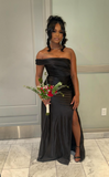 Ndyad One Shoulder Sheath Long Prom Dresses Black Guest Dresses Satin Black Formal Dress with Slit HZ1024