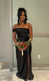 Ndyad One Shoulder Sheath Long Prom Dresses Black Guest Dresses Satin Black Formal Dress with Slit HZ1024