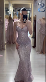 Ndyad Spaghetti Strap Mermaid Long Prom Dresses Beaded Tulle Evening Dresses HZ1024