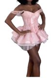 Ndyad V Neck Ball Gown Tulle Short Prom Dresses Pink Homecoming Dresses HZ1024