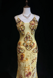 Ndyad Spaghetti Strap Mermaid Long Prom Dresses Beaded Chiffon Yellow Formal Dresses HZ1024
