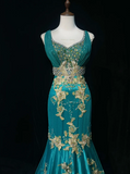 Ndyad V Neck Mermaid Long Prom Dresses Satin Applique Blue Evening Dresses HZ1024