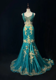 Ndyad V Neck Mermaid Long Prom Dresses Satin Applique Blue Evening Dresses HZ1024