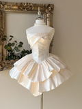 Ndyad Strapless Ball Gown Champagne Homecoming Dresses Sleeveless Birthday Dresses Satin Party Dresses HZ1024