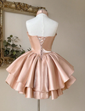 Ndyad Halter Ball Gown Peach Homecoming Dresses Sleeveless Birthday Dresses Satin Party Dresses HZ1024
