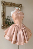 Ndyad Halter Ball Gown Peach Homecoming Dresses Sleeveless Birthday Dresses Satin Party Dresses HZ1024