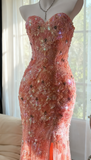 Ndyad Mermaid Coral Formal Dresses Tulle Sequin Sweetheart Neck Long Prom Dresses Coral Evening Dresses HZ1024