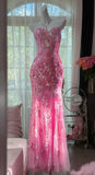 Ndyad Mermaid Coral Formal Dresses Tulle Sequin Sweetheart Neck Long Prom Dresses Coral Evening Dresses HZ1024