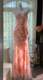 Ndyad Mermaid Coral Formal Dresses Tulle Sequin Sweetheart Neck Long Prom Dresses Coral Evening Dresses HZ1024