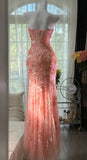 Ndyad Mermaid Coral Formal Dresses Tulle Sequin Sweetheart Neck Long Prom Dresses Coral Evening Dresses HZ1024