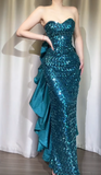 Ndyad Sheath Jade Formal Dresses Strapless Long Prom Dresses Sequined Backless Evening Gowns HZ1024