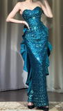 Ndyad Sheath Jade Formal Dresses Strapless Long Prom Dresses Sequined Backless Evening Gowns HZ1024