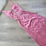 Ndyad Spaghetti Strap Sheath Wedding Guest Dresses Beaded Satin Pink Long Formal Dresses HZ1024