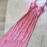 Ndyad Spaghetti Strap Sheath Wedding Guest Dresses Beaded Satin Pink Long Formal Dresses HZ1024