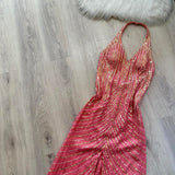 Ndyad Halter Sheath Long Prom Dresses with Open Back, Chiffon Sequins Hot Pink Formal Dresses HZ1024