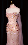 Ndyad Strapless Mermaid Long Prom Dresses, Beaded Sequin Tulle Evening Gowns Pink Formal Dresses HZ1024