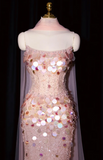 Ndyad Strapless Mermaid Long Prom Dresses, Beaded Sequin Tulle Evening Gowns Pink Formal Dresses HZ1024