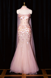 Ndyad Strapless Mermaid Long Prom Dresses, Beaded Sequin Tulle Evening Gowns Pink Formal Dresses HZ1024