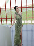 Ndyad One Shoulder Sheath Long Prom Dresses, Sequin Green Wedding Guest Dresses with Slit HZ1024