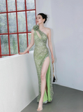 Ndyad One Shoulder Sheath Long Prom Dresses, Sequin Green Wedding Guest Dresses with Slit HZ1024