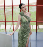 Ndyad One Shoulder Sheath Long Prom Dresses, Sequin Green Wedding Guest Dresses with Slit HZ1024