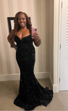 Ndyad Sweetheart Mermaid Long Prom Dresses , Black Evening Dresses Sequined Wedding Guest Dresses HZ1024