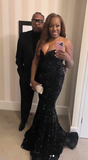 Ndyad Sweetheart Mermaid Long Prom Dresses , Black Evening Dresses Sequined Wedding Guest Dresses HZ1024