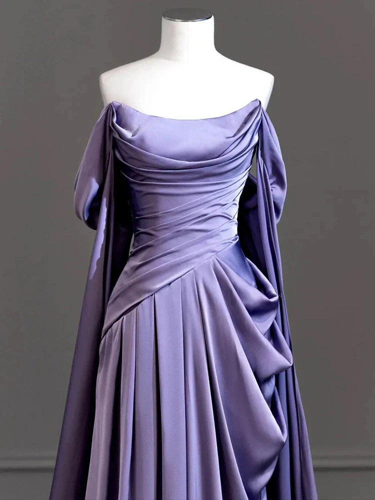Ndyad Purple A-Line Off Shoulder Satin Long Prom Dress Formal Evening Dress HZ1024