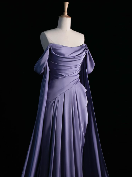 Ndyad Purple A-Line Off Shoulder Satin Long Prom Dress Formal Evening Dress HZ1024