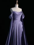 Ndyad Purple A-Line Off Shoulder Satin Long Prom Dress Formal Evening Dress HZ1024