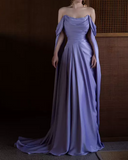 Ndyad Purple A-Line Off Shoulder Satin Long Prom Dress Formal Evening Dress HZ1024