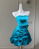 Ndyad A-line Short Prom Dresses, Taffeta Blue Homecoming Dresses Strapless Birthday Dresses HZ1024