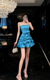 Ndyad A-line Short Prom Dresses, Taffeta Blue Homecoming Dresses Strapless Birthday Dresses HZ1024
