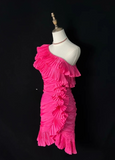 Ndyad One Shoulder Tight Homecoming Dresses Pink Short Prom Dresses, Pleated Taffeta Birthday Dresses HZ1024