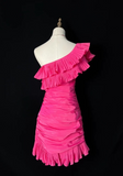 Ndyad One Shoulder Tight Homecoming Dresses Pink Short Prom Dresses, Pleated Taffeta Birthday Dresses HZ1024