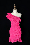 Ndyad One Shoulder Tight Homecoming Dresses Pink Short Prom Dresses, Pleated Taffeta Birthday Dresses HZ1024
