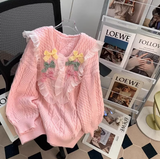 Ndyad pink baby collar bow round neck pullover sweater HZ1024