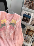 Ndyad pink baby collar bow round neck pullover sweater HZ1024