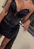 Ndyad Sweetheart Bodycon Homecoming Dresses Beaded Tulle Short Prom Dresses Black Birthday Dresses HZ1024