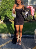 Ndyad Strapless Bodycon Homecoming Dresses Sequined Short Prom Dresses Black Birthday Dresses HZ1024