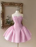 Ndyad Strapless A-Line Homecoming Dresses Satin Short Prom Dresses Pink Birthday Dresses HZ1024