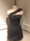 Ndyad One Shoulder Sheath Homecoming Dresses Tulle Applique Short Prom Dresses Black Birthday Dresses HZ1024