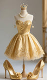 Ndyad Sweetheart A-Line Short Prom Dresses Satin Gold Homecoming Dresses HZ1024