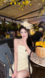Ndyad Strapless Sheath Short Prom Dresses Satin Yellow Homecoming Dresses Sexy Birthday Dresses HZ1024